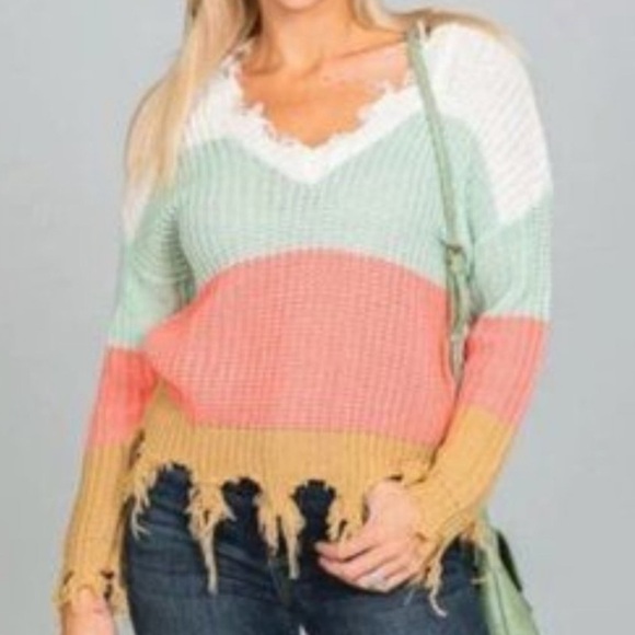 Love Tree Sweaters - Love Tree Color Block Distressed V-Neck Knit Sweater Medium